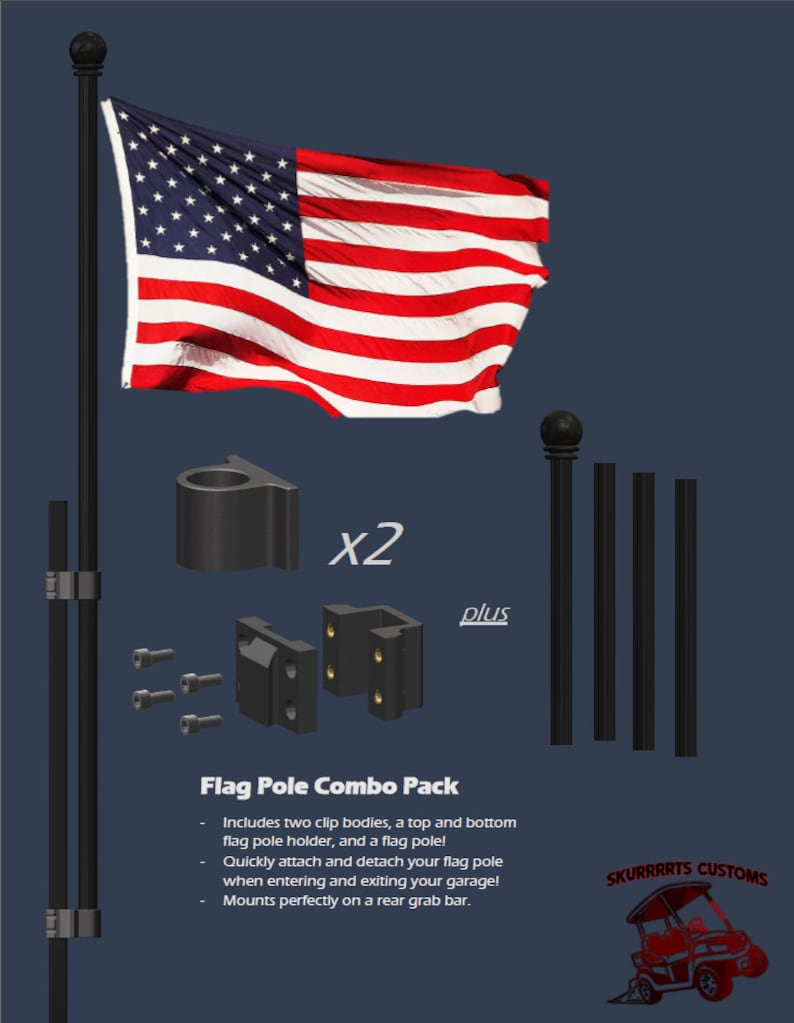May include: A flag pole combo pack includes two clip bodies, a top and bottom flag pole holder, and a flag pole. The text "x2 plus" is visible in the image. The pack mounts perfectly on a rear grab bar.