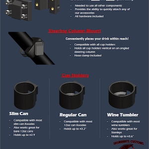 May include: A set of 3D printed cup holders for golf carts. The cup holders are designed to fit slim cans, regular cans, and wine tumblers. The cup holders are compatible with most koozies and can hold up to 2.9 inches, 3.2 inches, and 3.6 inches, respectively. The image also shows the clip body, which is needed to attach the cup holders to the golf cart.