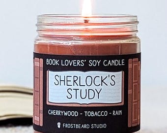 Sherlock's Study Soy Candle, Cherrywood Tobacco and Rain for Mystery Readers