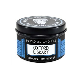 Oxford Library Scented Soy Candle - 2 oz Tin - Candle for Book Lovers - Frostbeard Studio