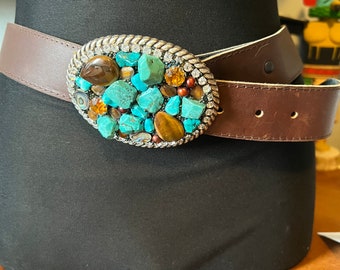Douglas Cloutier rhinestone buckle Vintage Douglas Cloutier Brown Leather Belt 4 main image 3