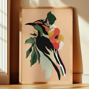 Impressão de pintura a óleo de pássaro, arte digital de pintura peculiar de pássaro, impressão de arte abstrata 5x7, impressão floral 11x14, download de arte de pêssego A1 A3 A4 | 207