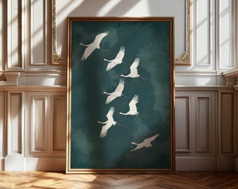 Flying Cranes Japandi Style Print Teal White Bird Image PRINTABLE Digital Download Elegant Gallery Wall Art Vintage Japanese Style / 230