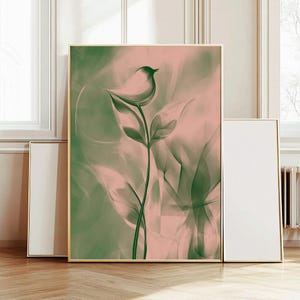 Lámina artística vertical imprimible de estilo botánico, decoración de pared de galería en tonos pastel verde y rosa, decoración femenina para dormitorio, ilustración de un pequeño pájaro / 510