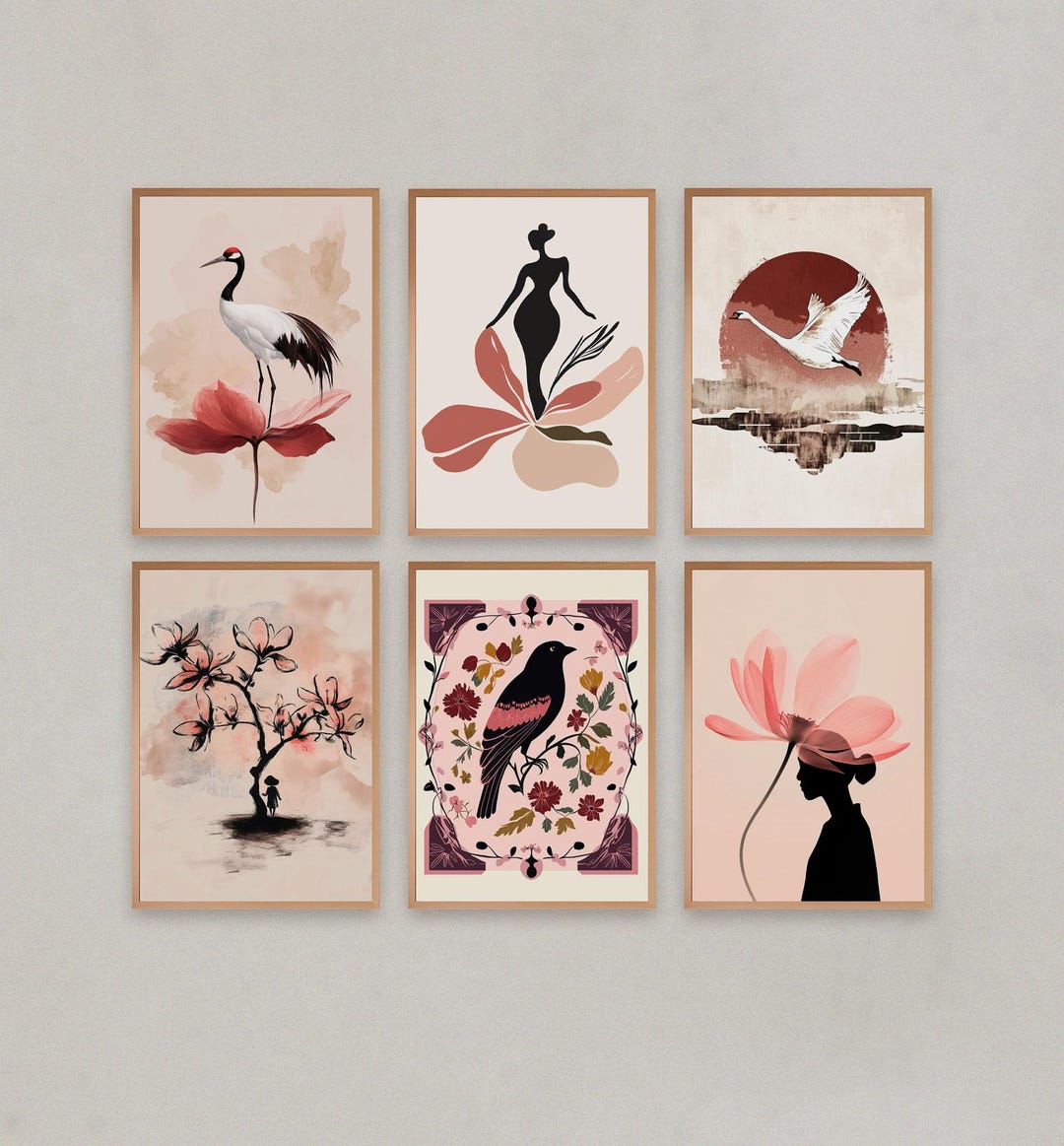 Pink Floral Botanical Art Print Set: Living Room Hallway Decor (digital ...