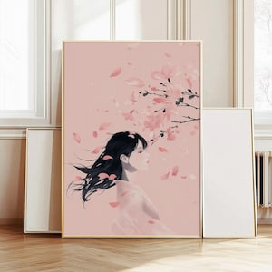 Magnolie druckbare Kunst, rosa feminine Wanddekoration, Bleistift Illustration Japanisches Anime-Stil Kunstplakat, großes Format Herunterladbare Kunstwerk | 190