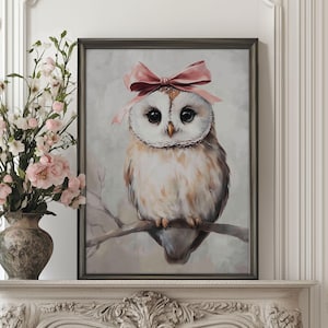 Süße Eule mit Schleife Art Print, rosa graue Winter Wanddekoration, Tier Traditionelle Malerei Schlafzimmer Galeriewand, druckbare Kunst Poster / 143