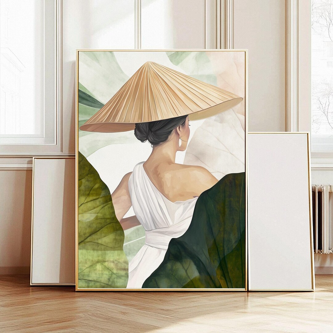 Japandi Woman Portrait Art Print: Elegant Green Bedroom Decor (digital ...