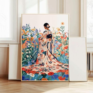 Kwiatowe kimono do druku, orientalny styl ilustracji, dekoracja ścienna, ogród secesyjny boho, niedroga dekoracja domu / 231