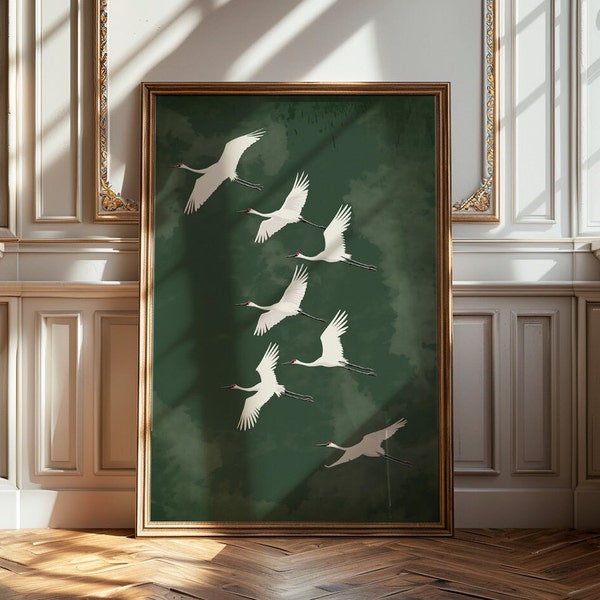 Flying Cranes Japandi Style Print Green White Bird Image PRINTABLE Digital Download Elegant Gallery Wall Art Vintage Japanese Style Artwork