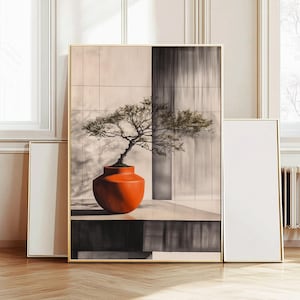 Bonsai Baum druckbare Kunst, zeitgenössisches Japandi Kunstwerk, orange beige Wanddekoration, elegante Galeriewand, Architektur-Innenraum 134