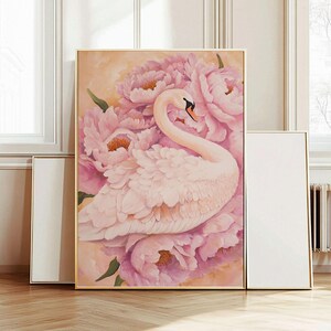 Decorazione murale con cigno rosa e peonia, opera d'arte floreale stampabile per la galleria murale del soggiorno, camera da letto, centrotavola estivo da esporre sul caminetto / 494