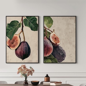 May include: Two framed botanical prints featuring a close-up of figs on a branch. The prints are in a vintage style with a muted colour palette of green, brown, and purple.