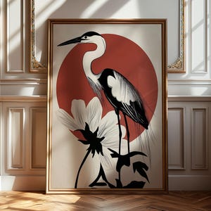 Airone Uccello Japandi Stile Stampa Cerchio Rosso Fiore Immagine STAMPABILE Download Digitale Elegante Galleria Arte Murale Stile Giapponese Vintage Opera D'arte