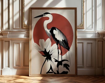 Heron Bird Japandi Style Print Red Circle Flower Image PRINTABLE Digital Download Elegant Gallery Wall Art Vintage Japanese Style Artwork