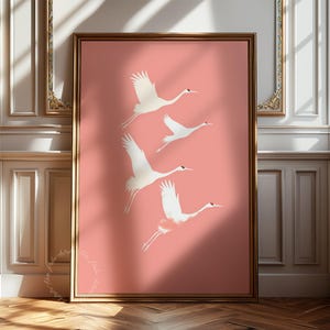 Flying Cranes Japandi Style Print Pink White Bird Image PRINTABLE Digital Download Elegant Gallery Wall Art Japanese Style Artwork - 154