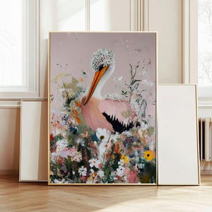 Pintura de pelícano, arte digital, impresión de arte floral en colores pastel, obra de arte estilo pintura al óleo, decoración de pared de temporada de primavera, imagen imprimible 378