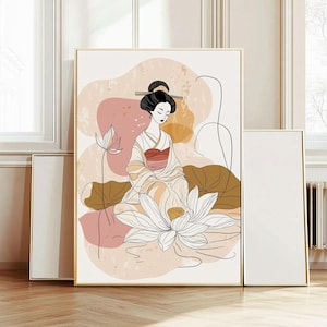 Geisha druckbare Kunst, Lotus Blume Aquarell Kunstwerk, Romantik Stil Gemälde, einfache Zeichnung Wanddekor, Beige Pastell Rosa Palette 194