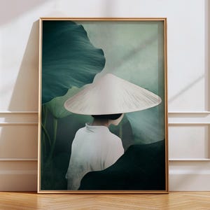 Japandi Art Print Conical Hat Wall Art Chinese Style Artwork Oil Painting Style Picture Oriental Greenery Art Bedroom Modern Home Decor | 62