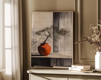 Bonsai Tree Printable Wall Art, Contemporary Japandi Artwork, Orange Beige Wall Decor, Elegant Gallery Wall, Architecture Style Interior 134