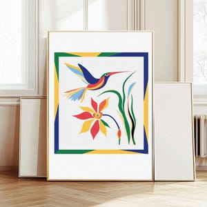 Arte imprimible multicolor, arte mural con motivos florales y folclóricos, obra de arte abstracta de colibríes en estilo Kandinsky, decoración del hogar para la temporada de primavera/414