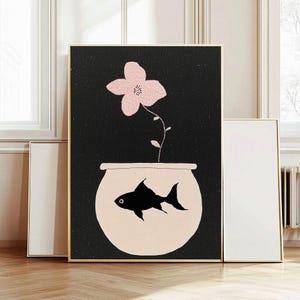 Arte imprimible de pecera, obra floral con efecto bordado para decoración de pared de sala de estar y dormitorio, impresión artística con detalles en rosa bebé, tamaño grande / 486