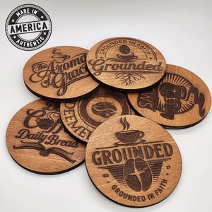 Christian Wooden Coffee Coaster, Set of 6, Faith & Coffee-Inspired Engraved Coasters, Gift for Christian Coffee Lovers