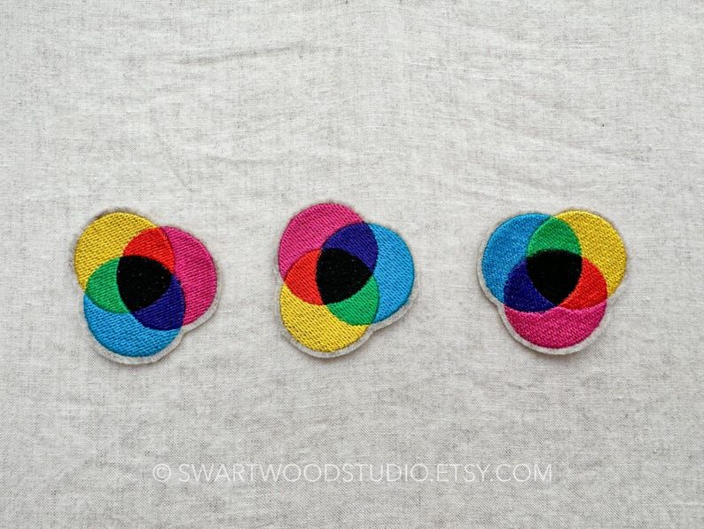 May include: Three embroidered patches in the shape of overlapping circles. The circles are in the colours of the CMYK colour model: cyan, magenta, yellow, and black.