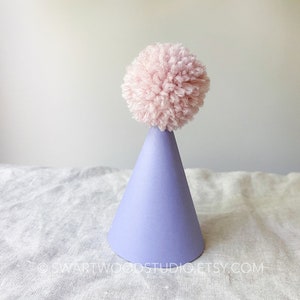 May include: A lavender party hat with a pink pom-pom on top.