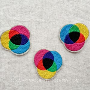 May include: Three embroidered patches in the shape of overlapping circles. The circles are in the colours of the primary colours: yellow, red, blue, and green. The centre of the patches is black.