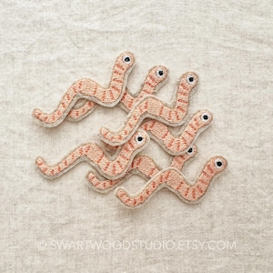 May include: Six embroidered felt worm patches in shades of orange and brown. The worms are arranged in a cluster, with their heads facing different directions. Each worm has a simple embroidered face with two black eyes.