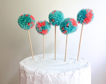 Set of 5 Cupcake Cake Topper Balloon Poms : Teal and Coral Marble Collection