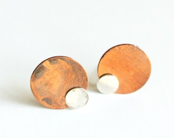 Oxidized Copper Earrings | Copper Disc Stud Earrings | Stud Jacket Earrings | Minimalist Earrings | Statement Earrings | Gifts for Her