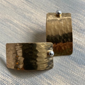 Pebble Sterling Silver Stud with Hammered Textured Gold Rectangle Ear Jacket Earring - Mixed Metal