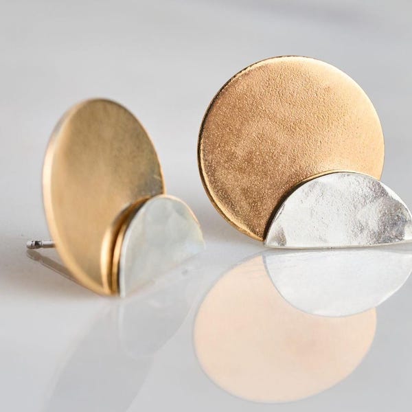 Half Moon Argentium Silver Stud with 14kt Gold-Filled Disc Ear Jacket Earring