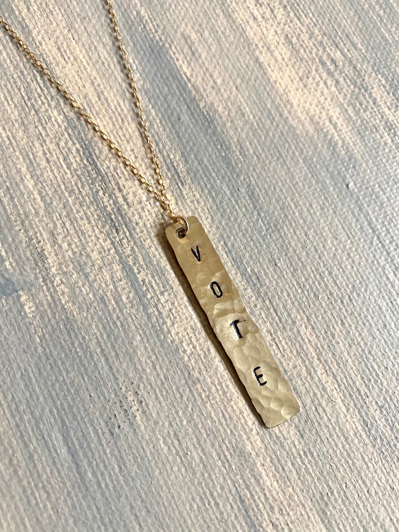 Personalized 14kt Gold-Filled Name Bar Necklace Hammered Pendant image 2