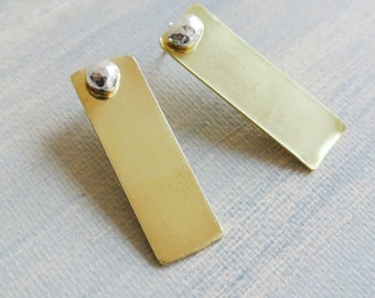 Silver Pebble Stud Earrings | Rectangle Earrings 14kt Gold | Ear Jacket Rectangle Earrings | Statement Earrings | Nickel Free