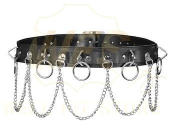 Leather O-Ring Belt with Draping Chains