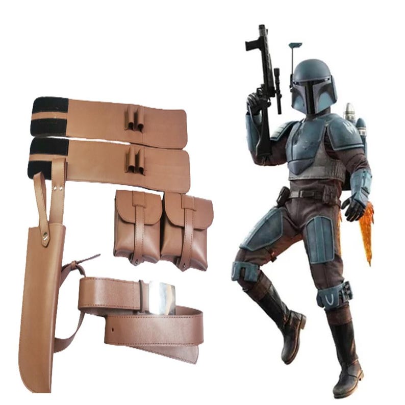 May include: A brown leather costume belt with pouches and a holster. The belt has a buckle and is adjustable. The pouches are attached to the belt with straps. The holster is attached to the belt with a strap and has a flap that closes with a snap.