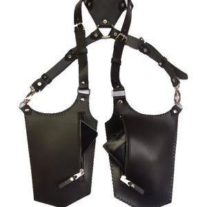 Black Leather Holster Bag - Burning man Shoulder Holster Bag for Festivals - Harness Vest Bag Double Holster