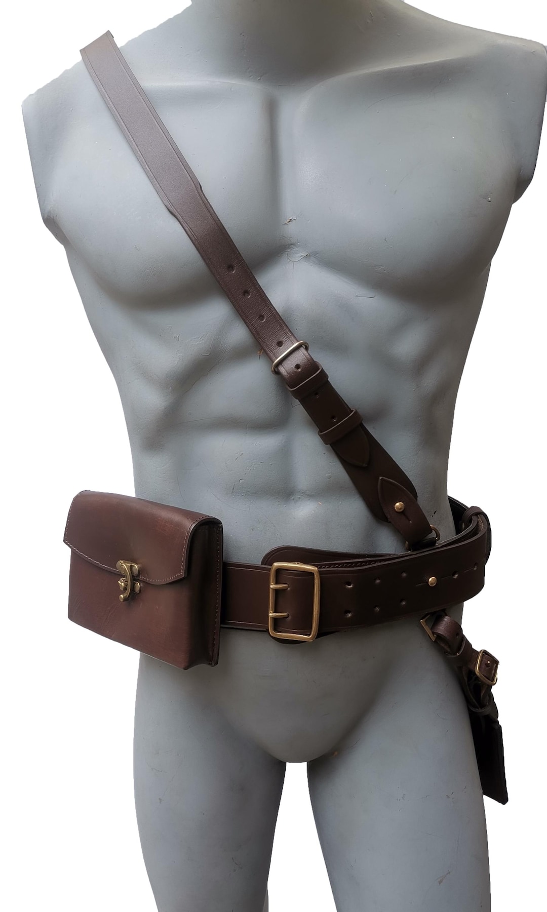 Vintage Dark Brown Leather Military Belt with 3 Pouches - Unisex display picture 3