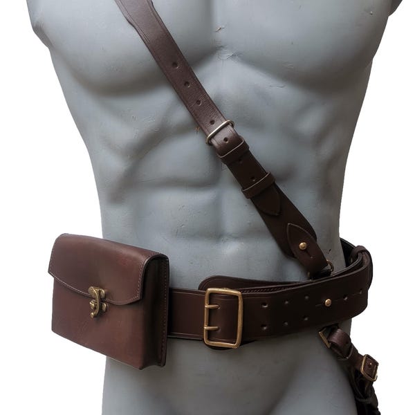 Cinturón marrón Sam de cuero genuino - Portupeya del ejército soviético, correa de hombro y bolsa