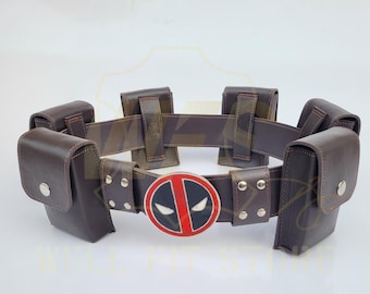 Cinturón de cuero para cosplay de Deadpool hecho a mano con 6 bolsillos, talla para adulto