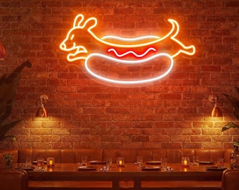 Neonreclame met hotdog en teckel, LED-wandlamp, retro dinerdecoratie, grappig worsthondbord, fastfoodrestaurant, bar & café wanddecoratie