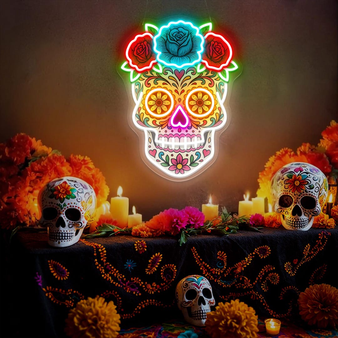 Mexican Sugar Skull Neon Sign, Day of the Dead LED Light, Dia De Los ...