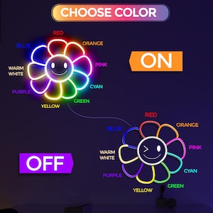 May include: A neon flower-shaped light with a smiling face, offering color options: red, orange, pink, cyan, green, yellow, purple, blue, and warm white. The text "CHOOSE COLOR" is at the top, and "ON" and "OFF" are displayed.