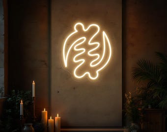 May include: A glowing neon sign in the shape of an Adinkra symbol, mounted on a textured wall. The warm light of the sign contrasts with the dim, candlelit room, creating a cozy atmosphere. The room is decorated with plants and candles.