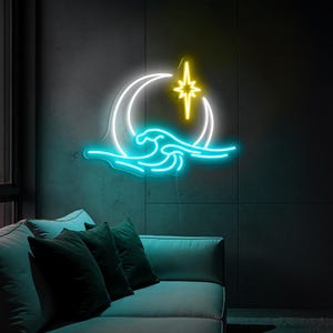 Neonskylt med månen vid vågen, romantiska presenter, alla hjärtans dag-dekor, månen vid havet, neonljus, modern väggdekoration för hemmet, naturliga landskapskonst