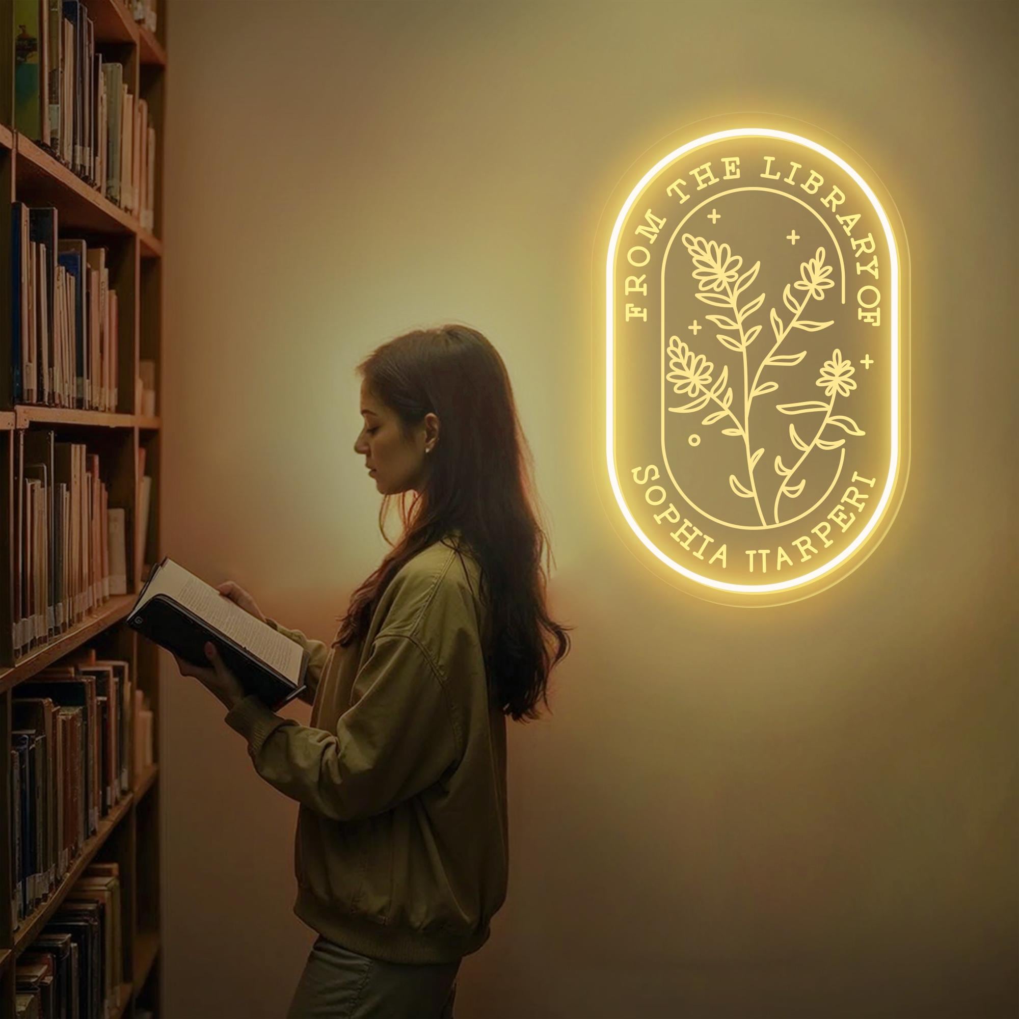 Custom Library Name LED Sign Personalized Acrylic Oval Light for Home Library Sign Bookstore Decor Gift for Teen/Book Lover Bookshelf Decor