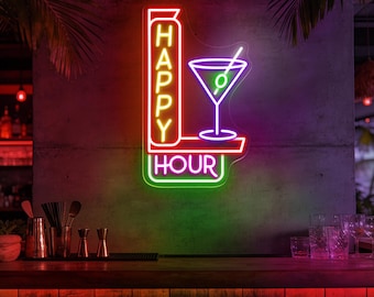 Happy Hour-neonbord, cocktailsneonlicht, neonlicht bardecoratie, thuisbardecor neonlicht, neondecor barfeest, neonbord aangepaste bar, cocktailmuurkunst